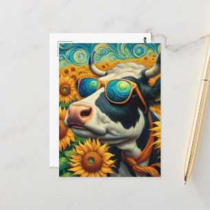 Carte Postale Une vache en lunettes de soleil dans un terrain de