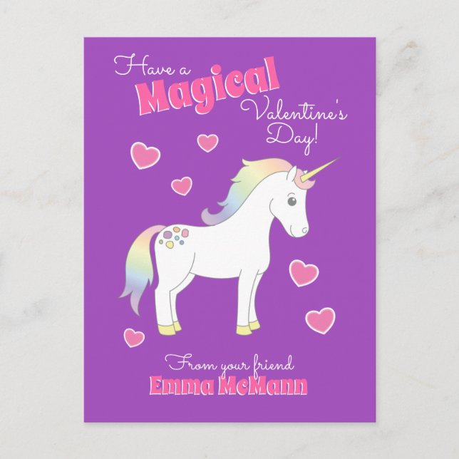Carte postale Unicorn Cute Kids Valentine's Day Ka (Devant)