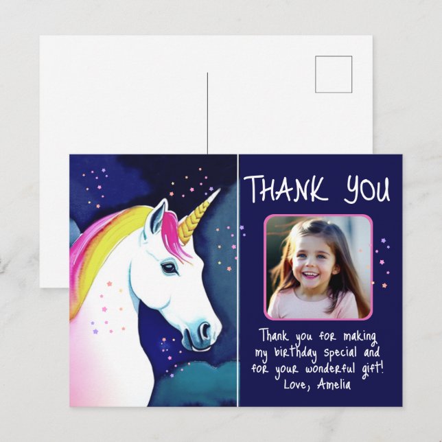 Carte Postale Unicorn Magical Girl Photo Anniversaire Merci (Devant / Derrière)