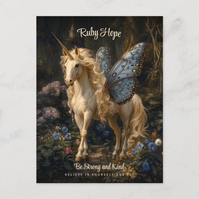 Carte Postale Unicorn Papillon Ailes Mots Encouragement (Devant)