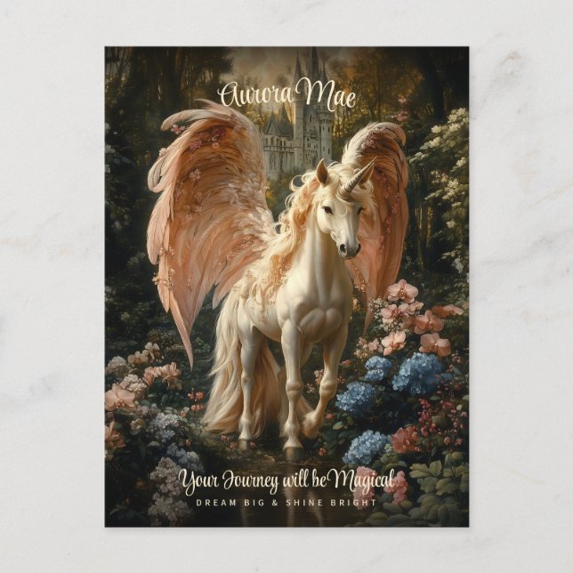 Carte Postale Unicorne à ailes roses Château magique Pegasus (Devant)