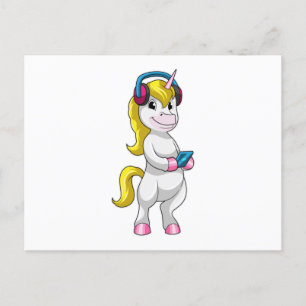 Carte Postale Unicorne à l'écoute de musique avec casque