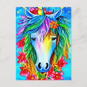 Carte Postale Unicorne Abstraite Fleurs de visage aquarelle Art