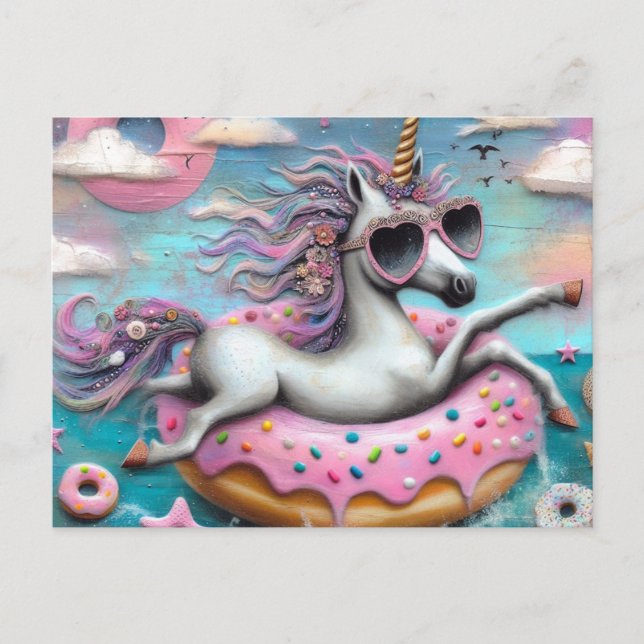 Carte Postale Unicorne adorable flottant sur une noix de Doughnu (Devant)