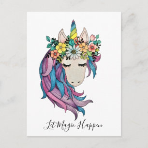 Carte Postale Unicorne Avec Fleurs Sauvages En Aquarelle