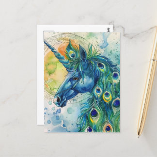 Carte Postale Unicorne bleu paon
