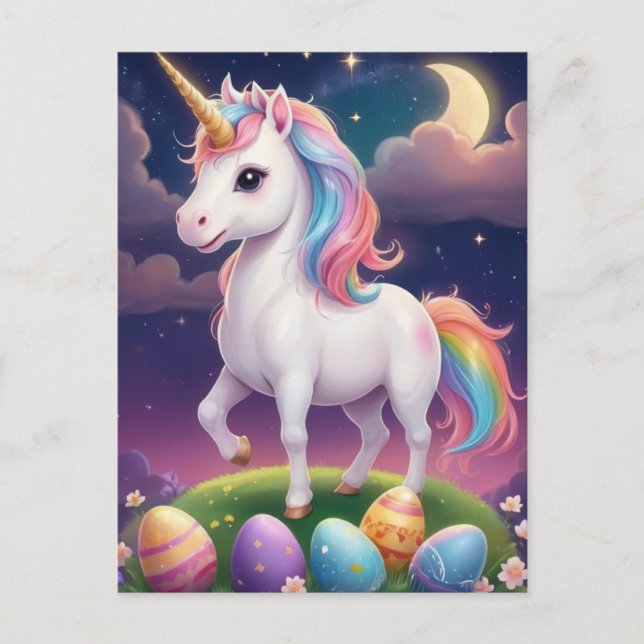 Carte Postale Unicorne de Pâques à la nuit magique (Devant)