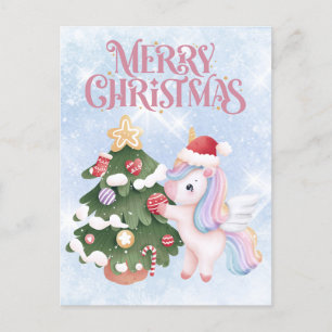 Carte Postale Unicorne Et Arbre De Noël Sur Sparkle Blue Sky