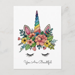Carte Postale Unicorne Lashes Avec Rainbow Horn