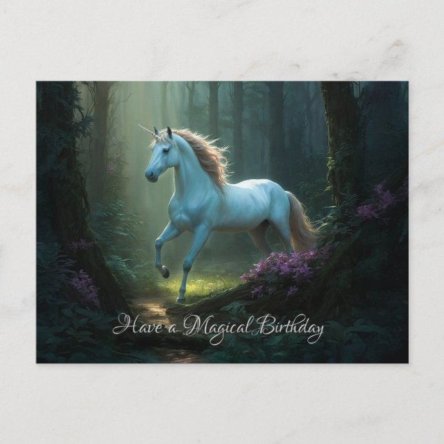 Carte Postale Unicorne magique en forêt enchantée Anniversaire (Devant)