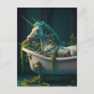 Carte Postale Unicorne Mane verte avec corne supplémentaire dans