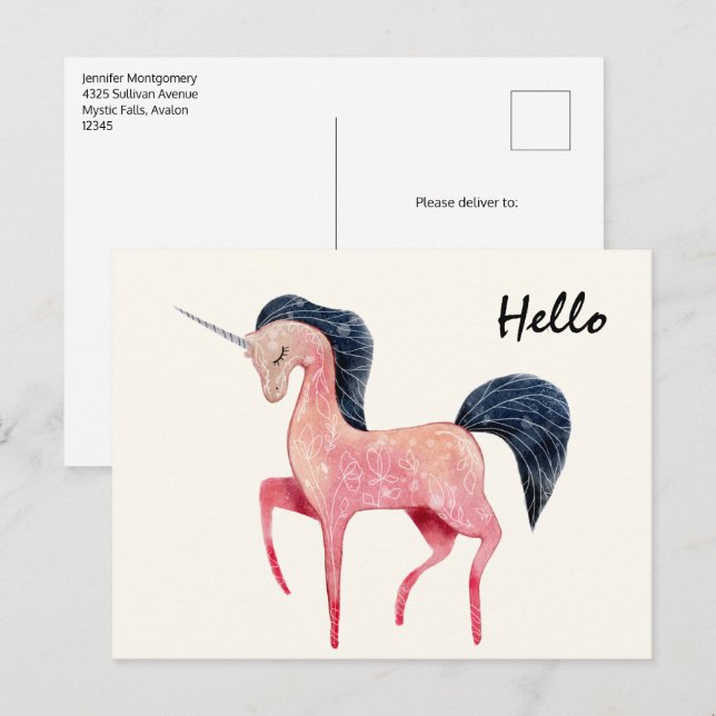 Carte Postale Unicorne nordique rose avec Mane noir (Devant / Derrière)