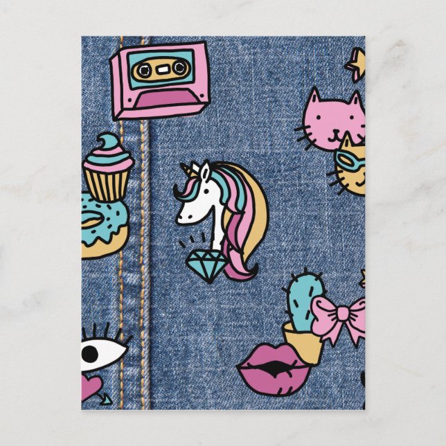 Carte Postale unicorne patchs denim (Devant)