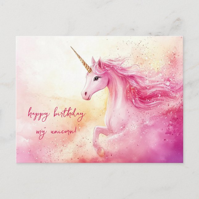 Carte Postale Unicorne rose Anniversaire (Devant)