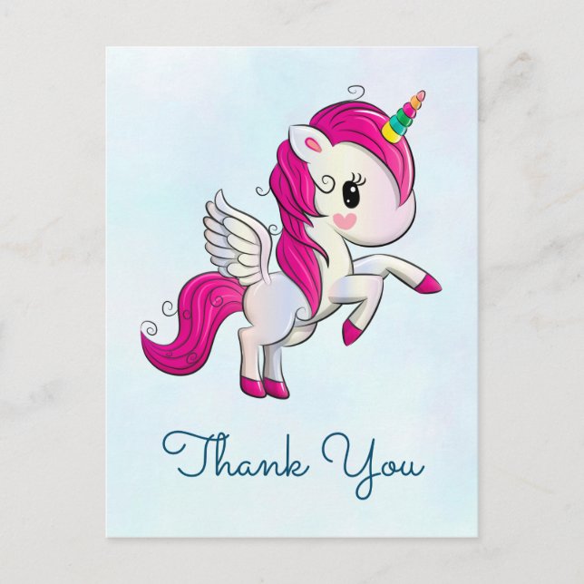 Carte Postale Unicorne rose mignonne avec Merci d'ailes (Devant)