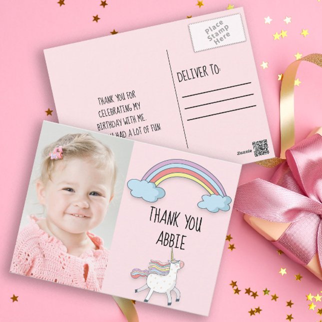 Carte Postale Unicorne rose / Rainbow Birthday Photo Merci (Little girl's pink unicorn and rainbow custom birthday party thank you card. )