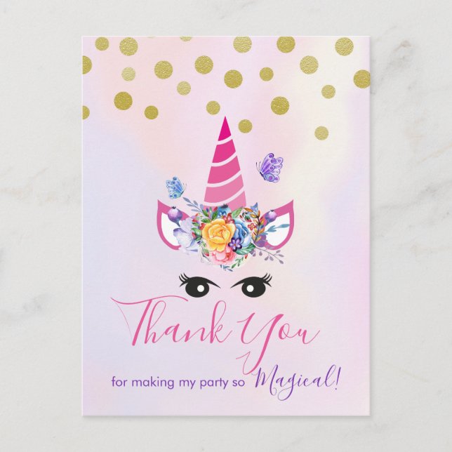 Carte Postale Unicorne rose tendance avec Merci Fleurs Party (Devant)