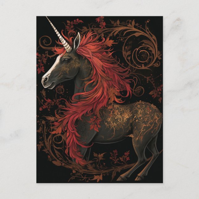 Carte Postale Unicorne rouge or noir (Devant)