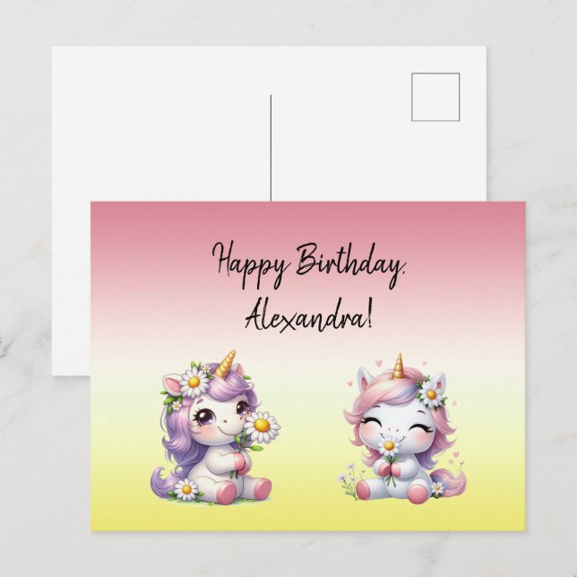 Carte Postale Unicornes et marguerites, "Joyeux anniversaire" (Devant / Derrière)