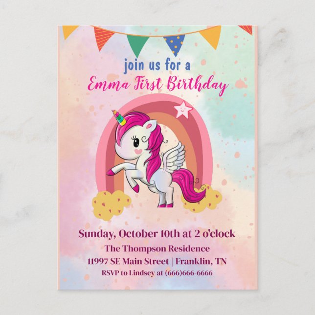 Carte Postale Unicornes magiques Aquarelle rose 1er anniversaire (Devant)