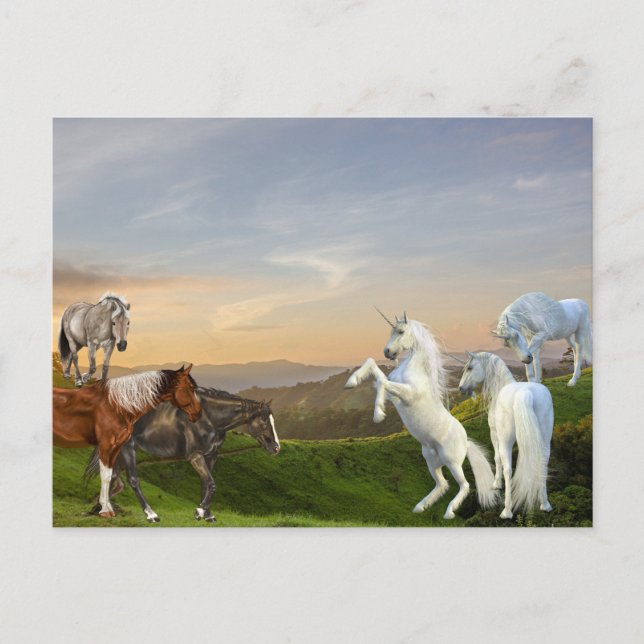 Carte Postale Unicorns Rencontre Chevaux Fanasy land (Devant)