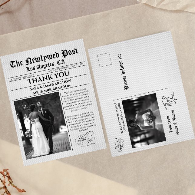 Carte Postale Unique Newspaper Wedding Thank You Postcard (Créateur téléchargé)