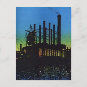 Carte Postale Usine de fabrication au coucher du soleil, Vintage