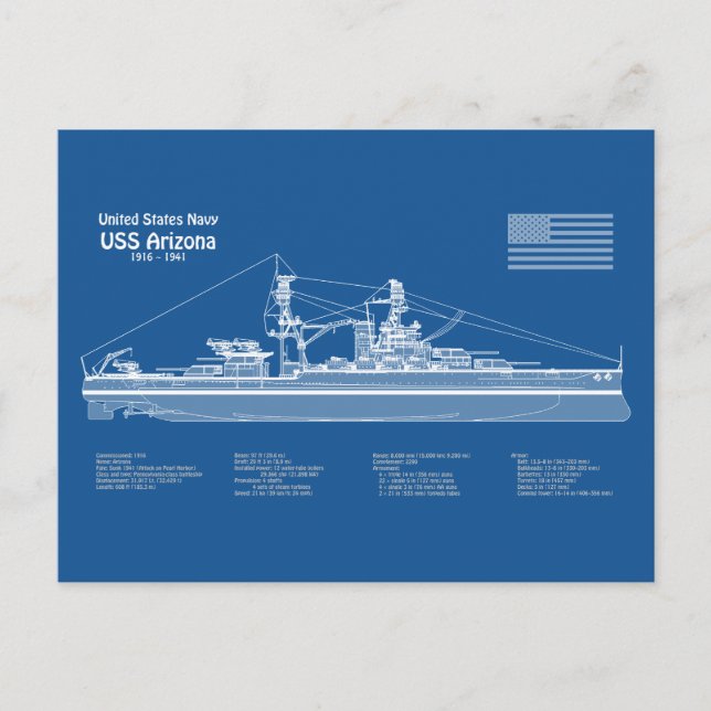 Carte Postale USS Arizona - Plan de plan d'expédition ABD (Devant)
