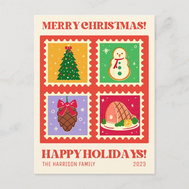 Carte Postale Vacances de Noël Rouge Rétro (Devant)