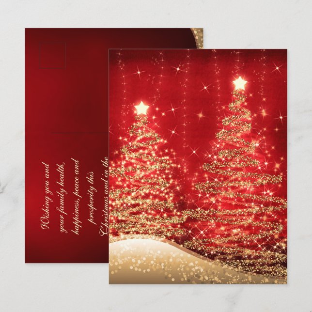 Carte Postale Vacances de Noël Souhaits Étincelants Arbres rouge (Devant / Derrière)
