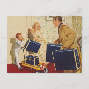 Carte Postale Vacances vintage, papa, Enfants et Valises