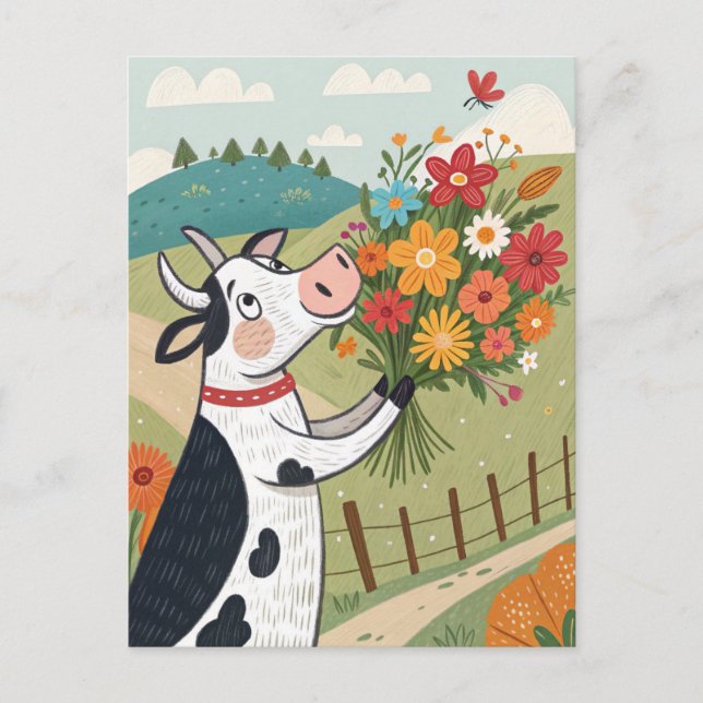 Carte Postale Vache avec des fleurs drôle et mignonne (Devant)