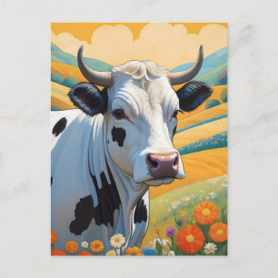 Carte Postale Vache blanche Colorée Collines vibrantes