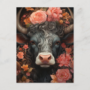 Carte Postale Vache dans les fleurs roses