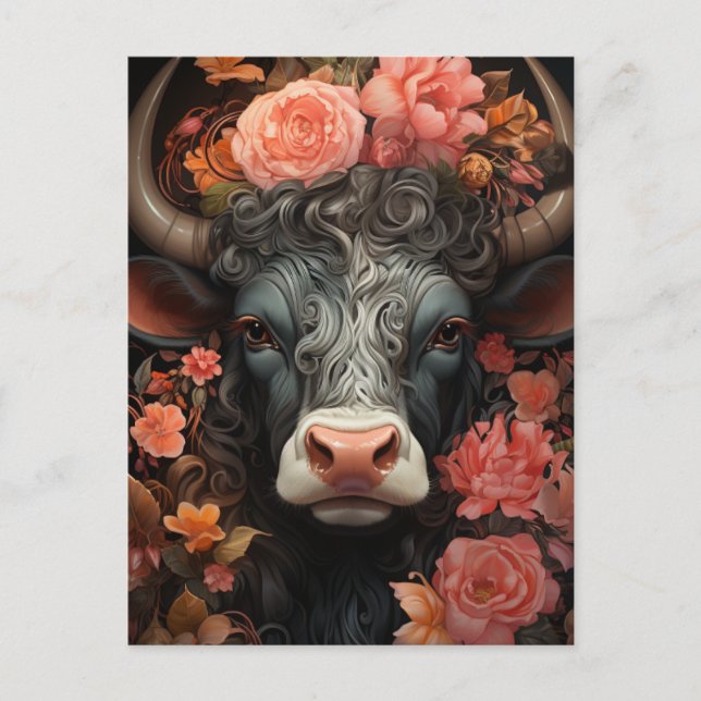 Carte Postale Vache dans les fleurs roses (Devant)