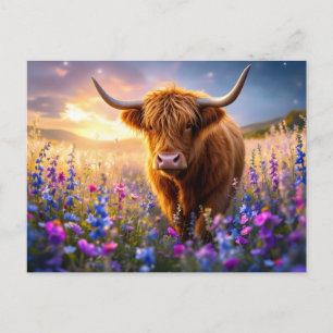 Carte Postale Vache des Highlands dans un champ de fleurs coloré