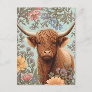 Carte Postale Vache des Highlands Pastel Floral Inspiré de Willi