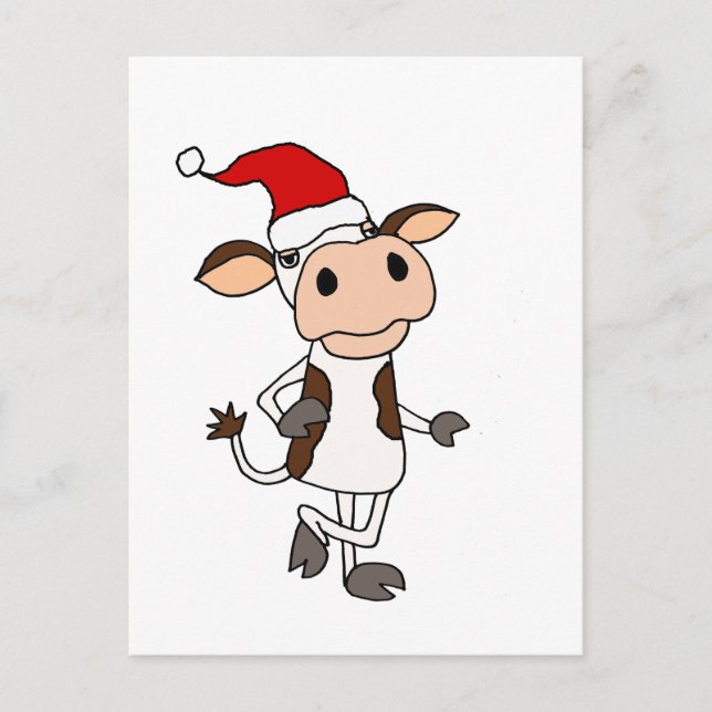Carte Postale Vache drôle dans Santa Hat Caricature de Noël (Devant)