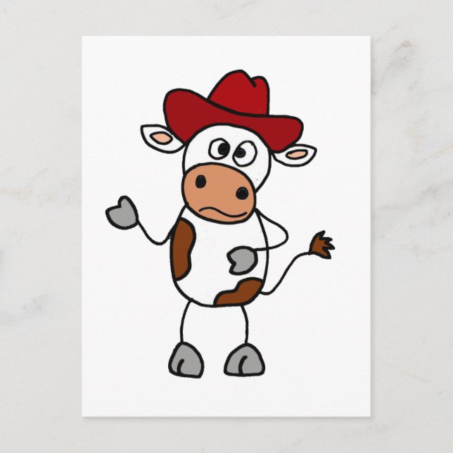 Carte Postale Vache drôle portant le Casquette de cowboy rouge (Devant)