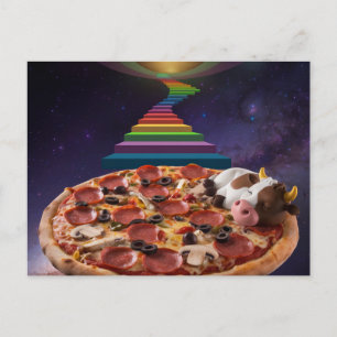Carte Postale Vache en caricature dormant sur une pizza