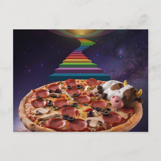 Carte Postale Vache en caricature dormant sur une pizza (Devant)
