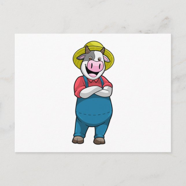 Carte Postale Vache en fermier avec chapeau (Devant)