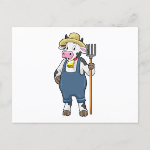 Carte Postale Vache en fermier avec fourche