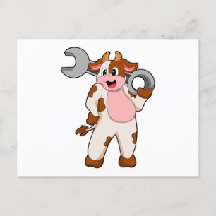 Carte Postale Vache en mécanicien avec clé à écrou