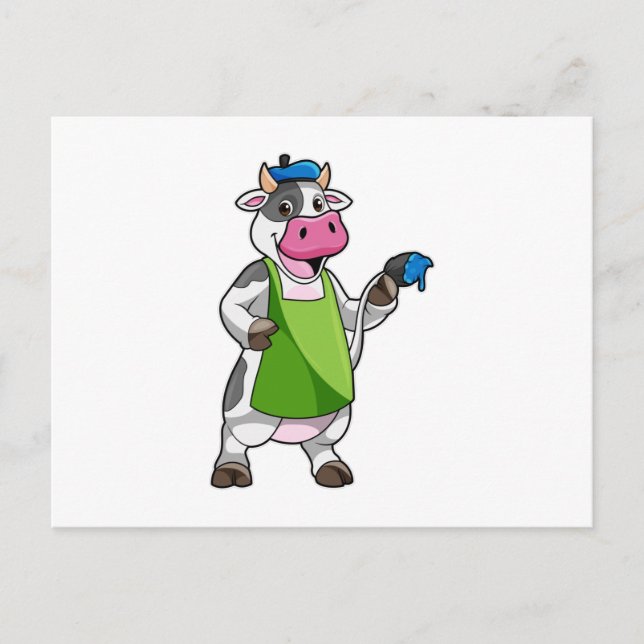 Carte Postale Vache en peintre avec peinture et tablier (Devant)