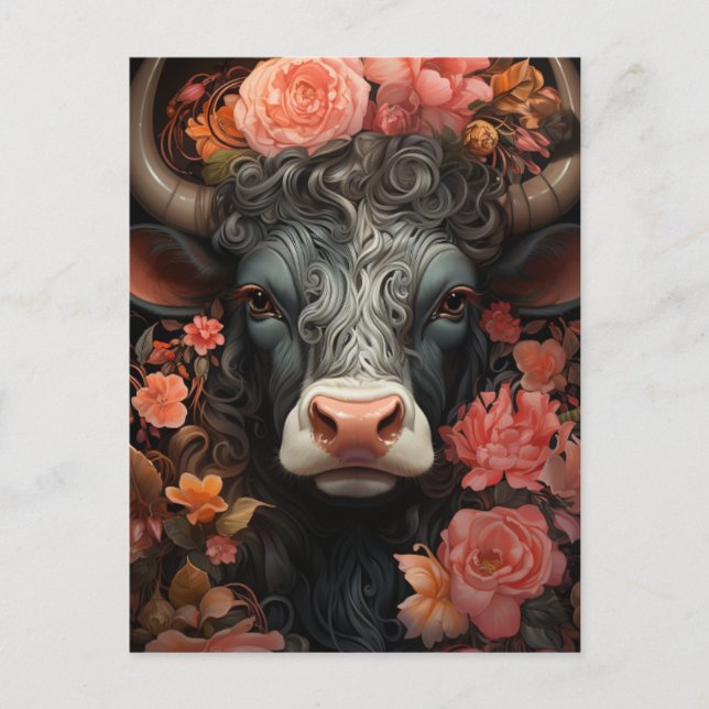 Carte Postale Vache grise aux cheveux bouclés dans les fleurs (Devant)
