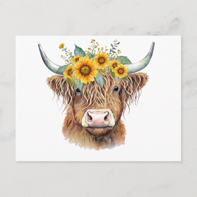 Carte Postale Vache Highland décorée (Devant)