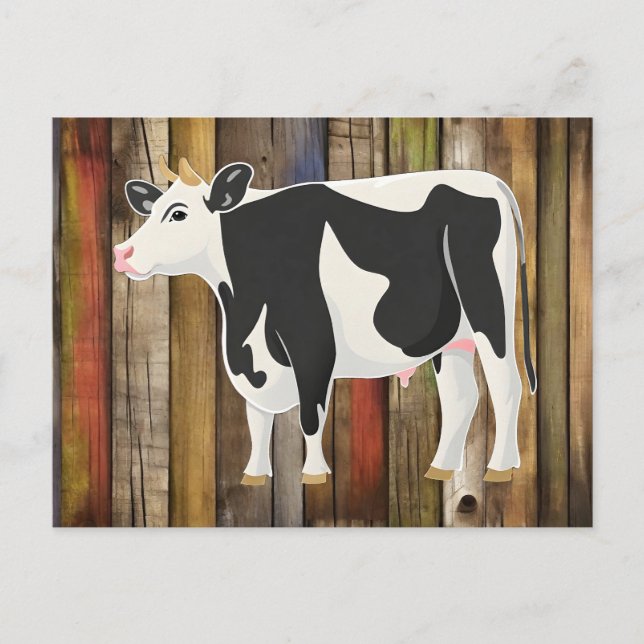 Carte Postale Vache Holstein avec fond de planches anciennes (Devant)