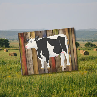 Carte Postale Vache Holstein avec fond de planches anciennes