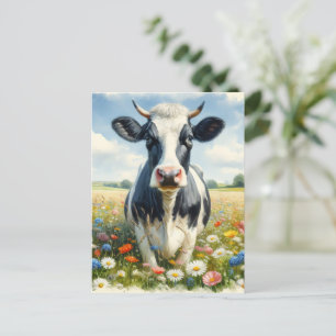 Carte Postale Vache laitière fleur sauvage Holstein